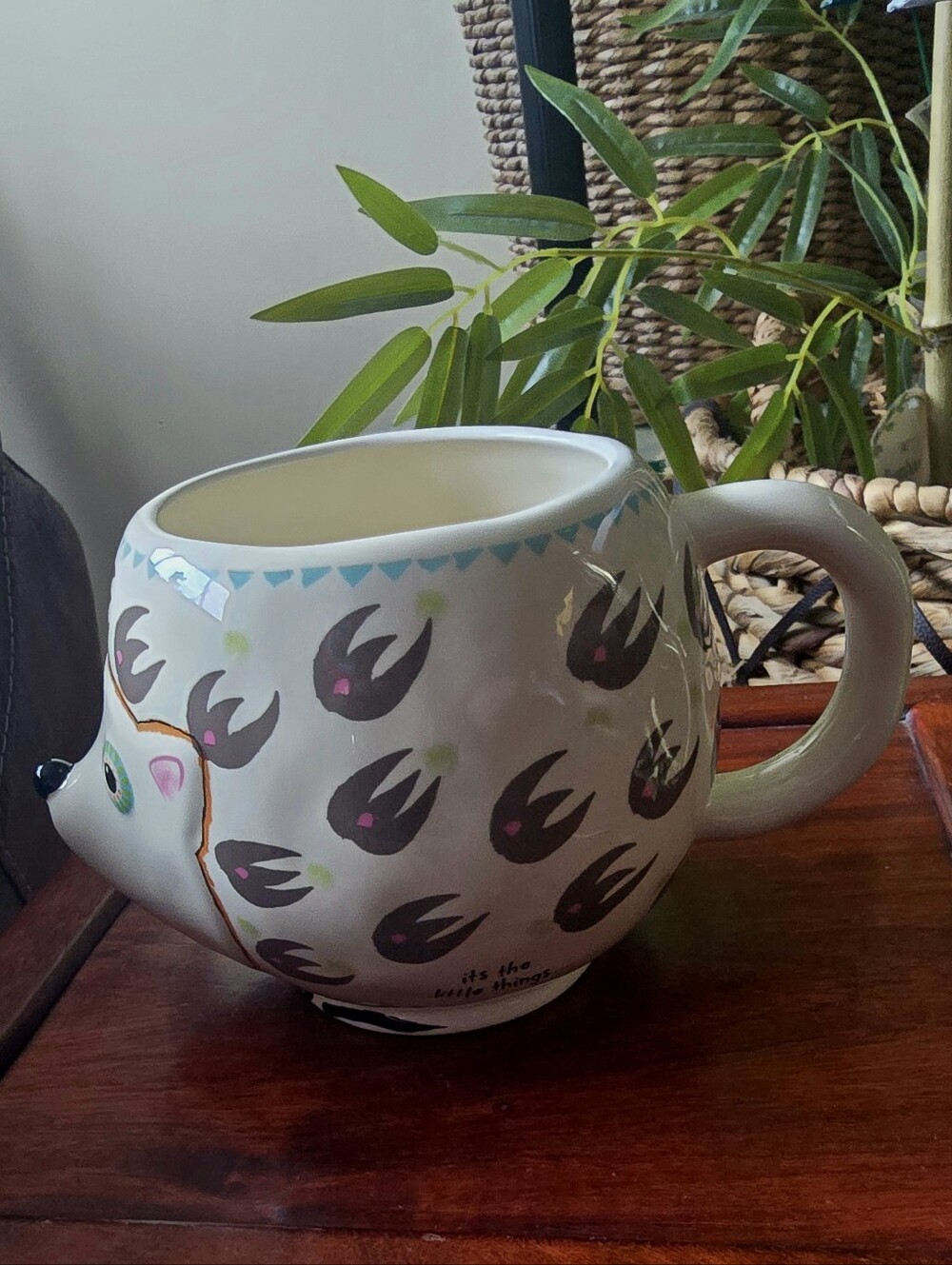 NATURAL LIFE. Hedgehog 16 Oz White Ceramic Mug with Blue, Gray and Pink Accents